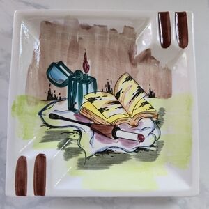 Vintage MCM Ceramic Square Hand-painted Ashtray Cigarette Book Smoking 7x7